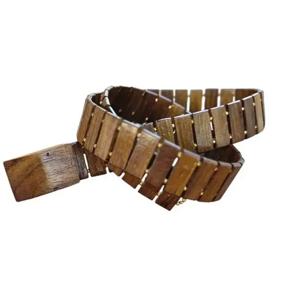 Wooden Link Belt Boho Minimalist Coastal Resort Waist Belt Gold Beaded One Size - Picture 3 of 7